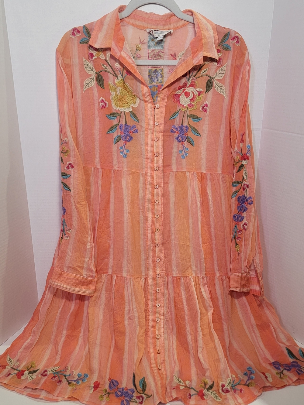 Johnny Was Coral Striped Embroidered Button-Front Midi Dress